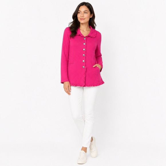neon buddha Sweaters - Neon Buddha Pink Ruffle Knit‎ Jacket Button Front Cotton Cardigan Small